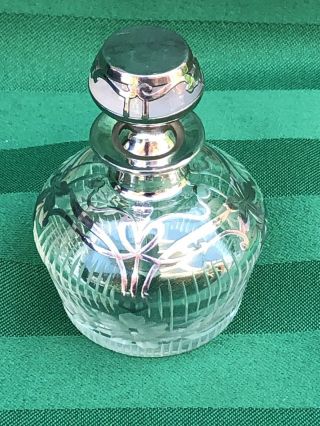 Antique Sterling Silver Overlay Glass Perfume Bottle Monogrammed 3 " High