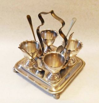 Old Vintage Antique Epns Silver Plated Egg Cup Cruet Set And Spoons Tray 60yrs,