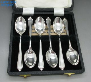 Art Deco Cased Set 6 Solid Sterling Silver Coffee Spoons 78g B&h Sheffield 1938