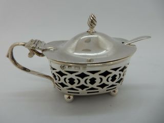 Edwardian Pierced Solid Silver Mustard Pot & Spoon,  Birmingham 1903.  Blue Liner
