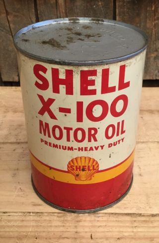 Nos Vintage Shell X - 100 Motor Oil 1 Qt Gas Service Station Tin Can Sign