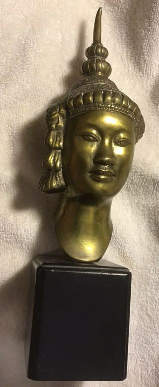 Vintage 9 1/2” Bronze Buddha Head On Wood Base,  13” Overall Height