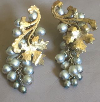 Vintage Miriam Haskell Large Gold Tone Faux Pearl Dangle Drop Earrings