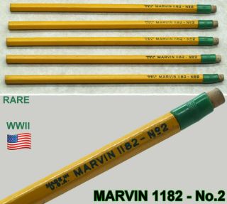 Vintage Marvin 1182 No.  2 Lead Pencils Wwii Green Ferrule Usa Total Of 6