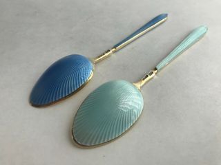 Antique Pair English S.  L Sterling Silver 925 Gold Guilloche Enamel Spoons