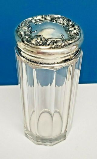 Large Antique Wallace Sterling Silver Cut Glass Crystal Repousse Powder Jar 1931
