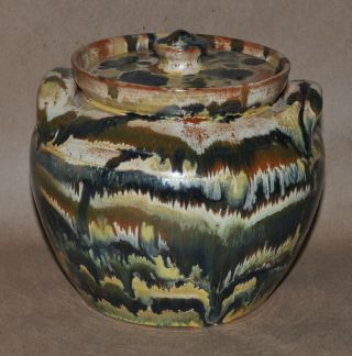 Vintage Neolia Cole Nc Pottery Bean Pot Cookie Jar W.  Lid Multi - Color Drip Glaze