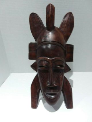 African Tribal Art Wall Mask Vtg Hand Carved Wood Made In Ghana W.  Africa 16 "