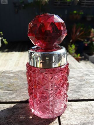 Antique Cranberry Glass Silver Topped Perfume Bottle Birmingham 1897c