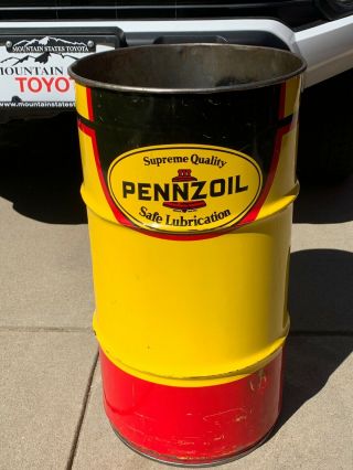 Vintage Pennzoil 15 Gallon Oil Drum Barrel Trash Can Garage Decor Sign Texaco