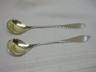 2 Antique David - Andersen Norway 830 Sterling Silver Condiment Spoons Gold Wash