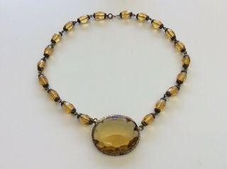 Vintage Signed Art Deco Czech Amber Glass Brass Filigree Drop Pendant Necklace