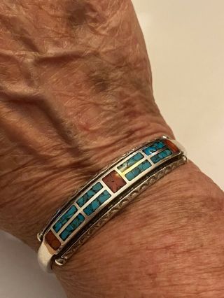 Vintage Old Pawn Navajo Turquoise & Coral Inlaid Sterling Silver Cuff Bracelet