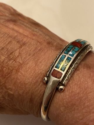 Vintage Old Pawn Navajo Turquoise & Coral Inlaid Sterling Silver Cuff Bracelet 2