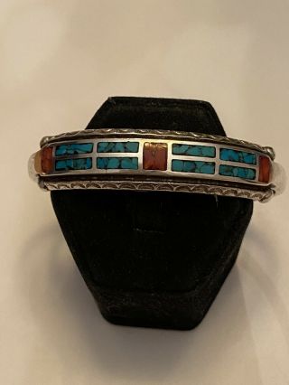 Vintage Old Pawn Navajo Turquoise & Coral Inlaid Sterling Silver Cuff Bracelet 3