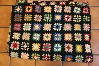 Vintage Colorful Crochet Granny Squares Afghan Throw Blanket Handmade 72 X 49