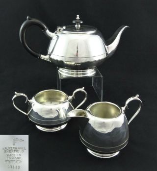 Vintage Art Deco Walker & Hall 3 Piece Teaset Sugar Creamer Teapot Silver Plated