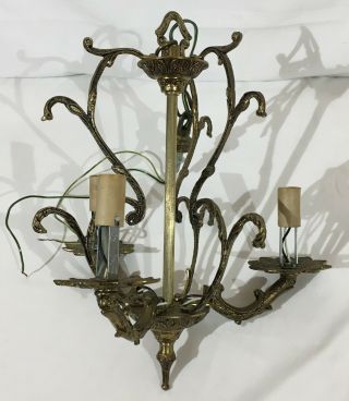 Vintage Antique Small Brass Metal Chandelier Ceiling Lamp Hanging Fixture,  3 Arm