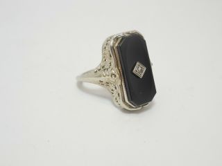 Vintage Black Onyx / Etched Glass Sterling Silver Filigree Cocktail Flip Ring
