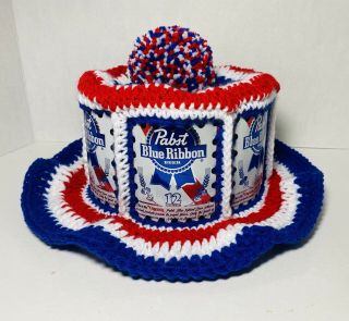 Handmade Crochet Pabst Blue Ribbon Beer Can Hat Retro Hipster Usa Party Cap