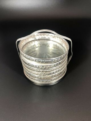 Set Of Vintage Sterling Silver And Etched Glass Coasters With Holder