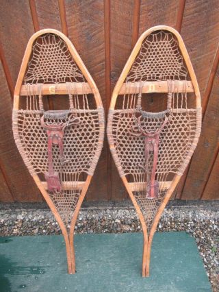 Great Vintage Snowshoes 43 " Long X 14 " Wide With Leather Bindings