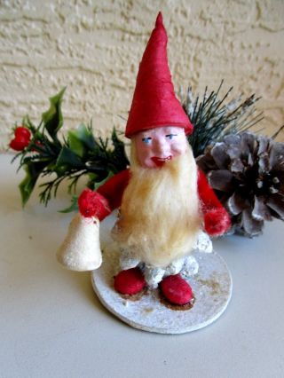 Vintage Elf/gnome Pinecone Compo Face&teeth Spun Cotton Hat & Bell Xmas Ornament