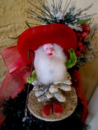 Vintage Rare Elf/gnome Pinecone&putz&mica Red Hat Compo Face Xmas Decoration