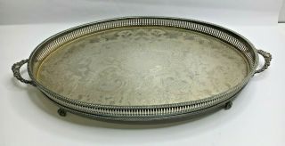 Large Vintage Silver Plated Serving Tray Oval Shape Claw Feet Twin Handles
