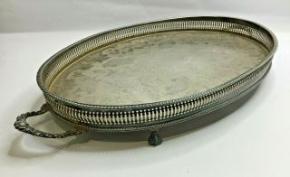 Large Vintage Silver Plated Serving Tray Oval Shape Claw Feet Twin Handles 2