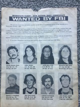 Vintage 1970 Fbi Wanted Poster Weather Underground The Antifa Thugs