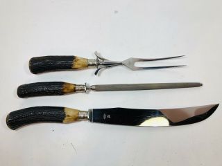 JA Henckels Solingen Vintage Stag Handle Knife Carving Set 3