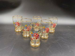 Vintage Set Of 6 Liquer Shot Glasses Floral 7.  5 Cm