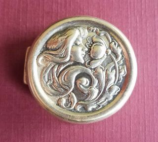 Vintage Art Nouveau Lady Smelling Flower Sterling Silver Pill Box - Repousse