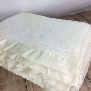 Vintage Waffle Weave Blanket Satin Trim Cream Ivory Full Double 92″ x 80″ 3