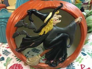 Htf Vintage Halloween Pumpkin Carved Witch On Broom Bats Provincial Mold 1988