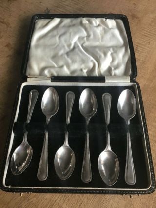 Cased Set 6 Antique Sterling Silver Coffee Bead Edge Pattern 1929 Spoons