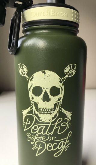 Vtg Dutch Bros Canteen Death Before Decaf Skeleton Skull Green Hydroflask Coffee