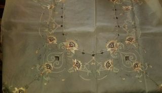 Vintage Organdy Embroidered Floral Large Banquet Tablecloth & 12 Napkins