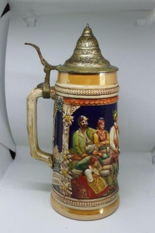 Vintage West German Gerz Beer Stein 11 " Tall Pewter Top Tavern Scene Stay Young