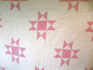 Vintage Handmade Quilt Star Design Pink Floral Off White Farmhouse 90 " X 88 "