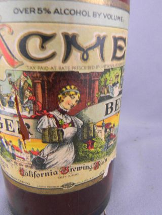 1935 - 36 Acme Beer Bottle Sf & La Calif 5 By Volume Cereal Products 22oz