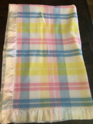Vintage Chatham Baby Blanket Nylon Trim Plaid Pastel 44”x 61”