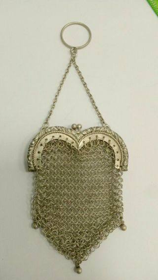 Vintage Or Antique Sterling Silver Heart Shaped Mesh Purse Bag Victorian Design