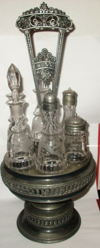Antique Victorian Silver Plate Castor 6 Pc Cruet Set With Etched Glass