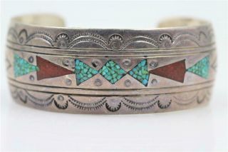 Jimmie Nezzie Navajo Vintage Sterling Silver Turquoise & Coral Cuff Bracelet