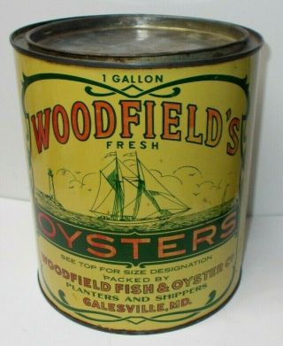 Vintage Woodfield`s Fresh Oysters 1 Gallon Tin Can,  Galesville Md.