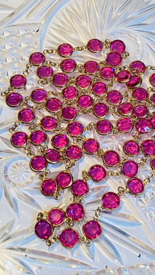 Vtg Open Bezel Austrian Crystal Necklace Channeled Pink Magenta Gold Gp 10mm