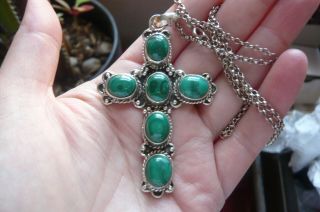 Vintage Malachite And Silver Cross With Silver Belcher Chain