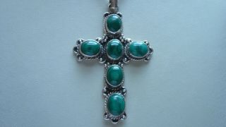 Vintage Malachite and Silver Cross with Silver Belcher Chain 3